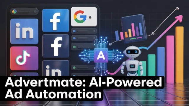 Modern dashboard interface featuring AdvertMate AI automating online ad campaigns across Facebook, Google, TikTok, and LinkedIn, with vibrant graphs and a digital assistant symbolizing growth and efficiency.