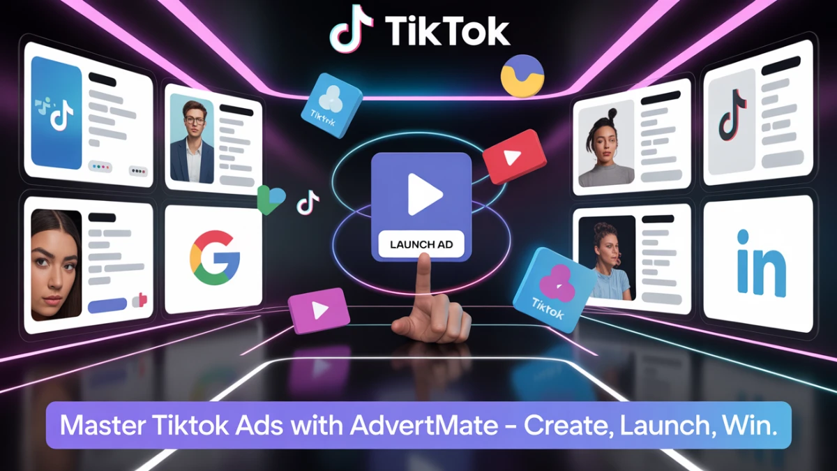 Futuristic digital interface showing a finger pressing a "Launch Ad" button surrounded by icons for TikTok, Google, YouTube, LinkedIn, and user avatars, with the headline “Master TikTok Ads with AdvertMate – Create, Launch, Win.”